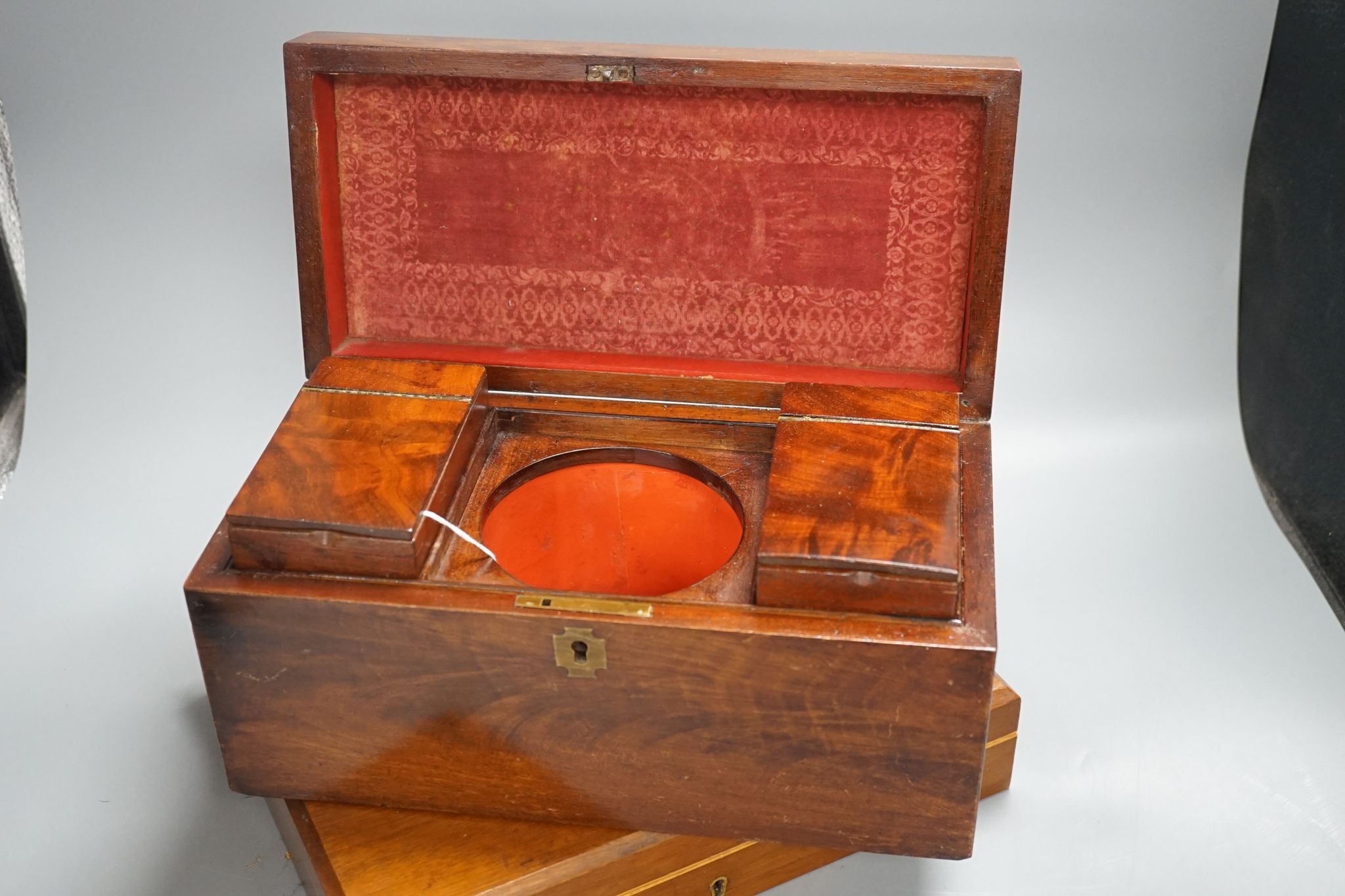 A Victorian plated fish service and a Victorian mahogany tea caddy